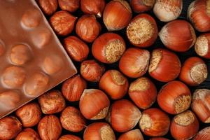 chocola met hazelnoten, noten in een schelp in de het formulier van een solide textuur. dessert-melk chocola met noten. foto