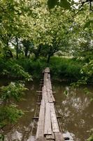 een kleine houten brug over een zacht beekje in een groen park. foto