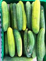 stapel van komkommers in supermarkt foto