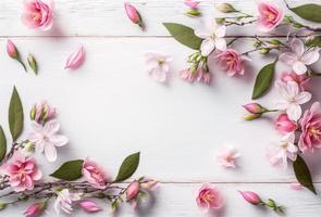 voorjaar bloemen roze bloemen Aan wit houten achtergrond foto