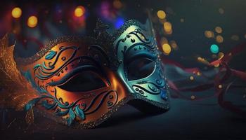 carnaval feest. Venetiaanse masker Aan donker bokeh achtergrond. festival decoratie. foto