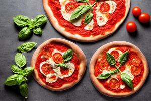 Italiaans pizza margherita met tomaat saus Mozzarella kaas basilicum Aan een donker beton achtergrond. pizza recept en menu. foto