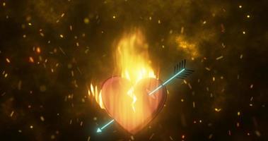 abstract vurig liefhebbend hart brandend in een vlam doorboord door een pijl van Cupido Aan een achtergrond van vonken foto