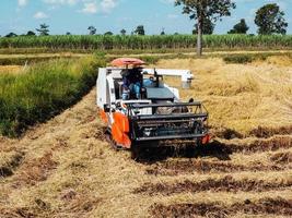 man besturen van een maaidorser in een veld foto