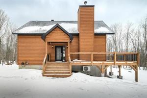 winter huisjes in afgelegen Oppervlakte quebec, Canada, log huis met sauna, spa, slaapkamers, zwembad, leven kamer, messanine, keuken en badkamers foto