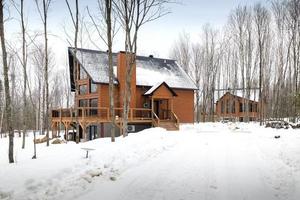 winter huisjes in afgelegen Oppervlakte quebec, Canada, log huis met sauna, spa, slaapkamers, zwembad, leven kamer, messanine, keuken en badkamers foto