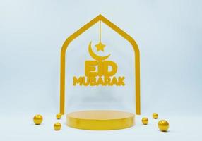 eid mubarak 3d modern stijl ontwerp met podium platform. eid mubarak Islamitisch vakantie banier met Ramadan lantaarn en maan. Ramadan moslim decoratie en achtergrond poster. gelukkig viering van eid. foto