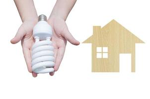 energie besparing concept, vrouw hand- Holding licht lamp Aan houten huis icoon Aan wit achtergrond, ideeën licht lamp in de hand- foto