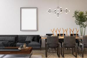 3d illustratie mockup blanco foto kader in dining kamer renderen