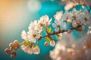 foto's takken van bloeiende kers macro met zacht focus Aan teder licht blauw lucht achtergrond in zonlicht met kopiëren ruimte. mooi bloemen beeld van voorjaar natuur, fotografie foto