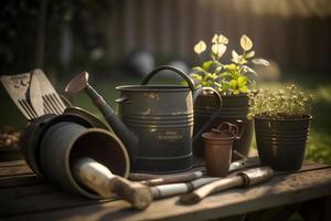 foto tuinieren - reeks van gereedschap voor tuinman en bloempotten in zonnig tuin, fotografie