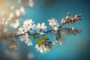 foto's takken van bloeiende kers macro met zacht focus Aan teder licht blauw lucht achtergrond in zonlicht met kopiëren ruimte. mooi bloemen beeld van voorjaar natuur, fotografie foto