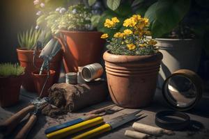 foto tuinieren - reeks van gereedschap voor tuinman en bloempotten in zonnig tuin, fotografie