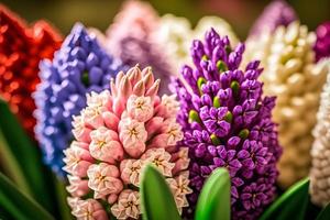 foto groot bloem bed met veelkleurig hyacinten, traditioneel Pasen bloemen, bloem achtergrond, Pasen voorjaar achtergrond