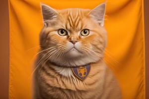 portret portret van een kat Schots Rechtdoor met een banier in poten Aan een oranje achtergrond fotografie foto