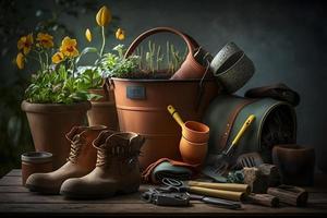foto tuinieren - reeks van gereedschap voor tuinman en bloempotten in zonnig tuin, fotografie