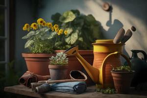 foto tuinieren - reeks van gereedschap voor tuinman en bloempotten in zonnig tuin, fotografie