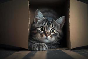 portret schattig grijs gestreept kat in karton doos Aan verdieping Bij huis fotografie foto