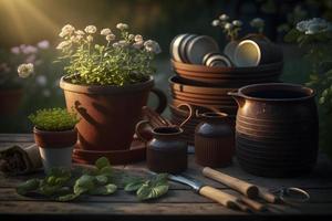 foto tuinieren - reeks van gereedschap voor tuinman en bloempotten in zonnig tuin, fotografie