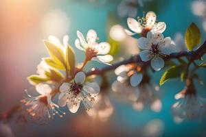 foto's takken van bloeiende kers macro met zacht focus Aan teder licht blauw lucht achtergrond in zonlicht met kopiëren ruimte. mooi bloemen beeld van voorjaar natuur, fotografie foto