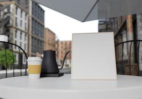 3d mockup blanco menu bord Aan tafel van koffie winkel renderen foto