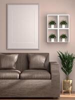 3d illustratie mockup foto kader in leven kamer renderen