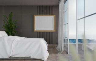 3d mockup blanco foto kader in slaapkamer Bij zwembad villa