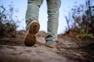 detailopname voeten wandelaar Mens vervelend laarzen naar reizen wandelen in een groen Woud foto