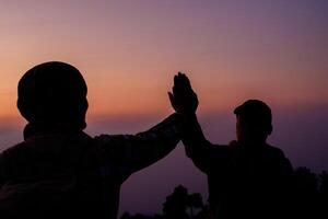 silhouet van samenspel helpen hand- vertrouwen helpen foto