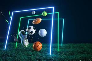 3d Amerikaans voetbal voorwerp ontwerp. realistisch weergave. abstract futuristische achtergrond. 3d illustratie. beweging geometrie concept. sport wedstrijd grafisch. toernooi spel inzet inhoud. voetbal bal element. foto