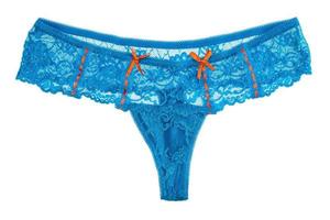 blauw kant string met boog, Dames slipje geïsoleerd over- wit foto