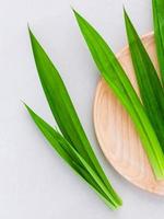 pandanus bladeren op een houten plaat foto