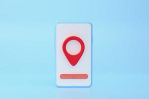 pin wijzer GPS met smartphone wit scherm Aan blauw achtergrond. plaats concept. minimaal tekenfilm. 3d geven illustratie foto