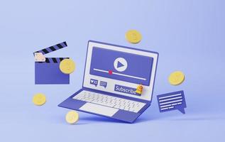 passief inkomen concept. creatief sociaal media mobiel modern spelen video maken geld, video marketing, munten ,banner ,kopiëren ruimte, 3d geven illustratie foto