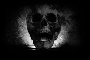 menselijk schedel hoofd Aan vervagen donker zwart achtergrond - oud eng grunge schedel wijnoogst stijl foto