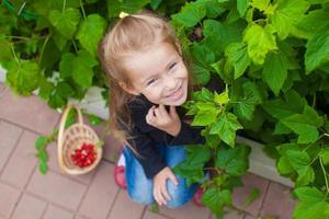 weinig meisje met vers aardbeien foto