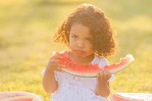 een weinig donker meisje met gekruld haar- in een pale roze jurk eet een watermeloen Aan de gazon. picknick in de park. gelukkig jeugd. ruimte voor tekst. hoog kwaliteit foto