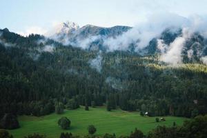 majestueus bergen in de Alpen gedekt met bomen en wolken foto