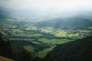 majestueus bergen in de Alpen gedekt met bomen en wolken foto