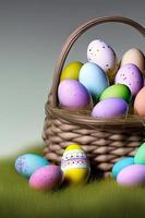 feestelijk Pasen verticaal poster sjabloon met kleurrijk kleurrijk eieren, website sjabloon. . voorjaar vakantie. Pasen eieren in een mand. gelukkig Pasen. Pasen eieren set. foto