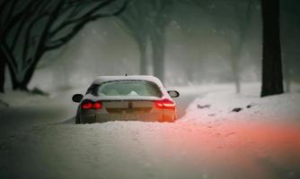 rood auto zit vast in sneeuw foto
