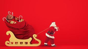 de kerstman claus sleept een groot zak vol van cadeaus met een gouden slee Aan een rood achtergrond foto