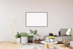 3d illustratie mockup blanco foto kader in leven kamer renderen