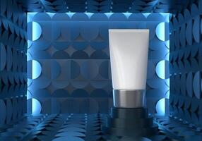 een bespotten omhoog van realistisch blanco kunstmatig buis geïsoleerd Aan helder blauw achtergrond, 3d renderen , 3d illustratie foto