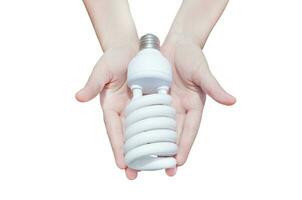 energie besparing concept, vrouw hand- Holding licht lamp geïsoleerd Aan wit achtergrond, ideeën licht lamp in de hand- foto