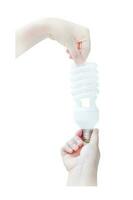 energie besparing concept. vrouw hand- Holding licht lamp Aan wit achtergrond foto