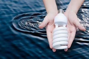 energie besparing concept, vrouw hand- Holding licht lamp Aan donker water achtergrond, ideeën licht lamp in de hand- foto