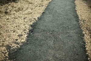 nieuw asfalt. aanleg van pad in park. details van het wegdek. foto