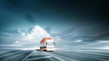 technologie digitaal toekomst van lading containers logistiek vervoer importeren exporteren concept, vracht vrachtauto Aan snelweg weg Bij dramatisch blauw lucht met kopiëren ruimte, modern futuristische vervoer achtergrond foto