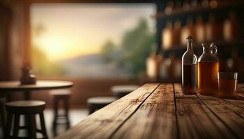 leeg houten tafel met een visie van wazig dranken bar backdrop foto
